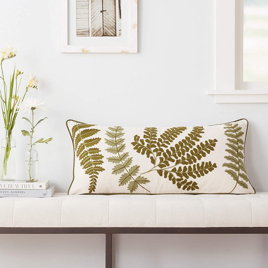 Lumbar Pillow with Fern Fronds Embroidery