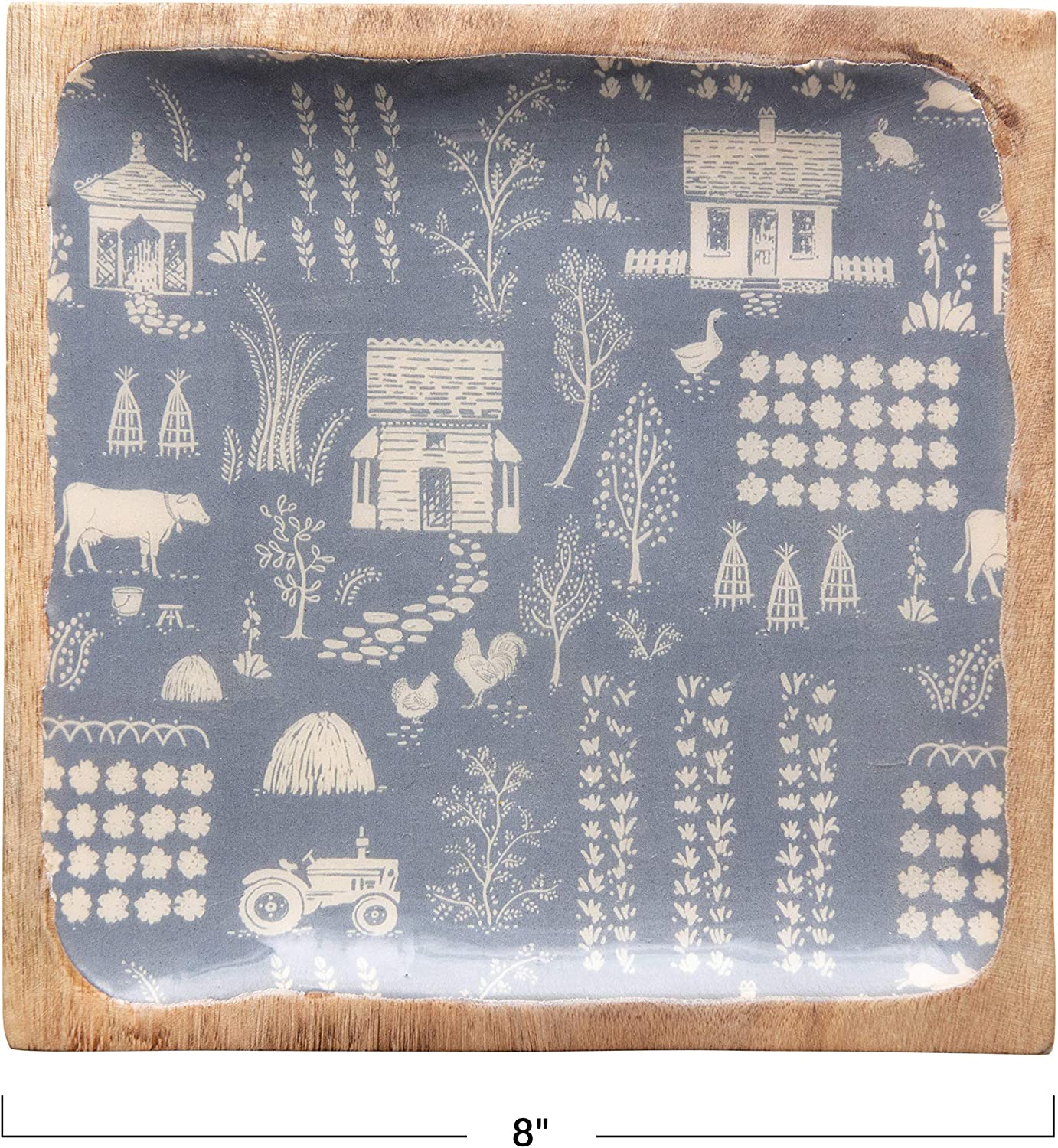 8" Blue Square Mango Wood Farm Print Tray