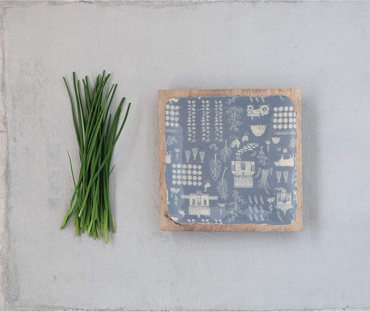 8" Blue Square Mango Wood Farm Print Tray