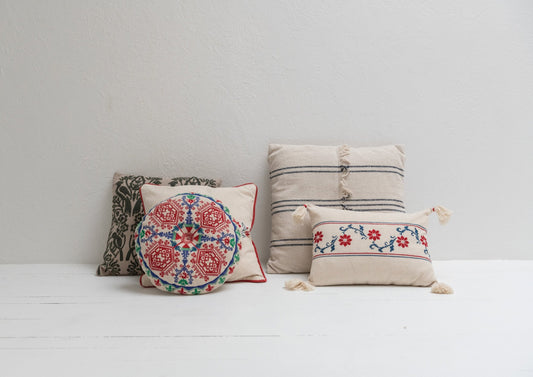 Floral Lumbar Pillow with Tassels and Embroidery