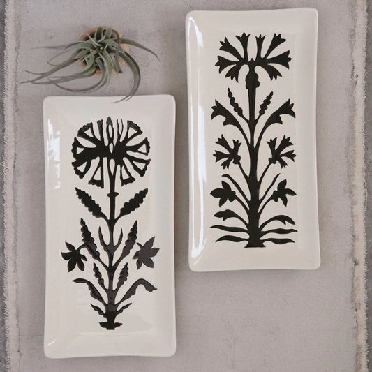 Black & White Stoneware Platter With Floral Pattern