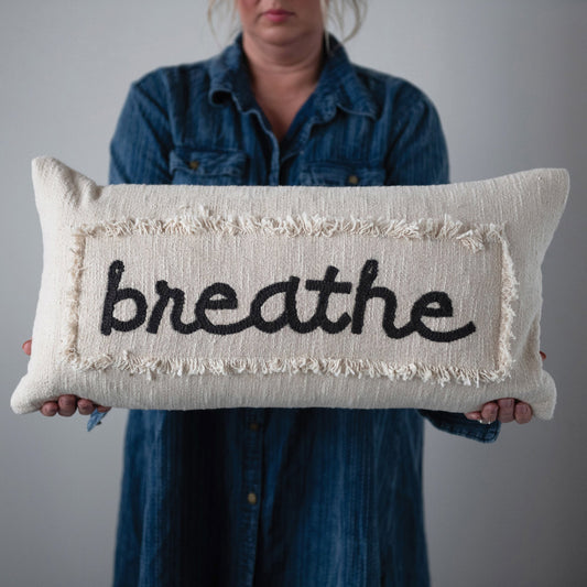 Breathe Embroidered Pillow with Eyelash Fringe