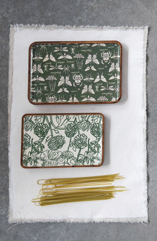 Enameled Acacia Wood Trays, Garden Print Set of 2